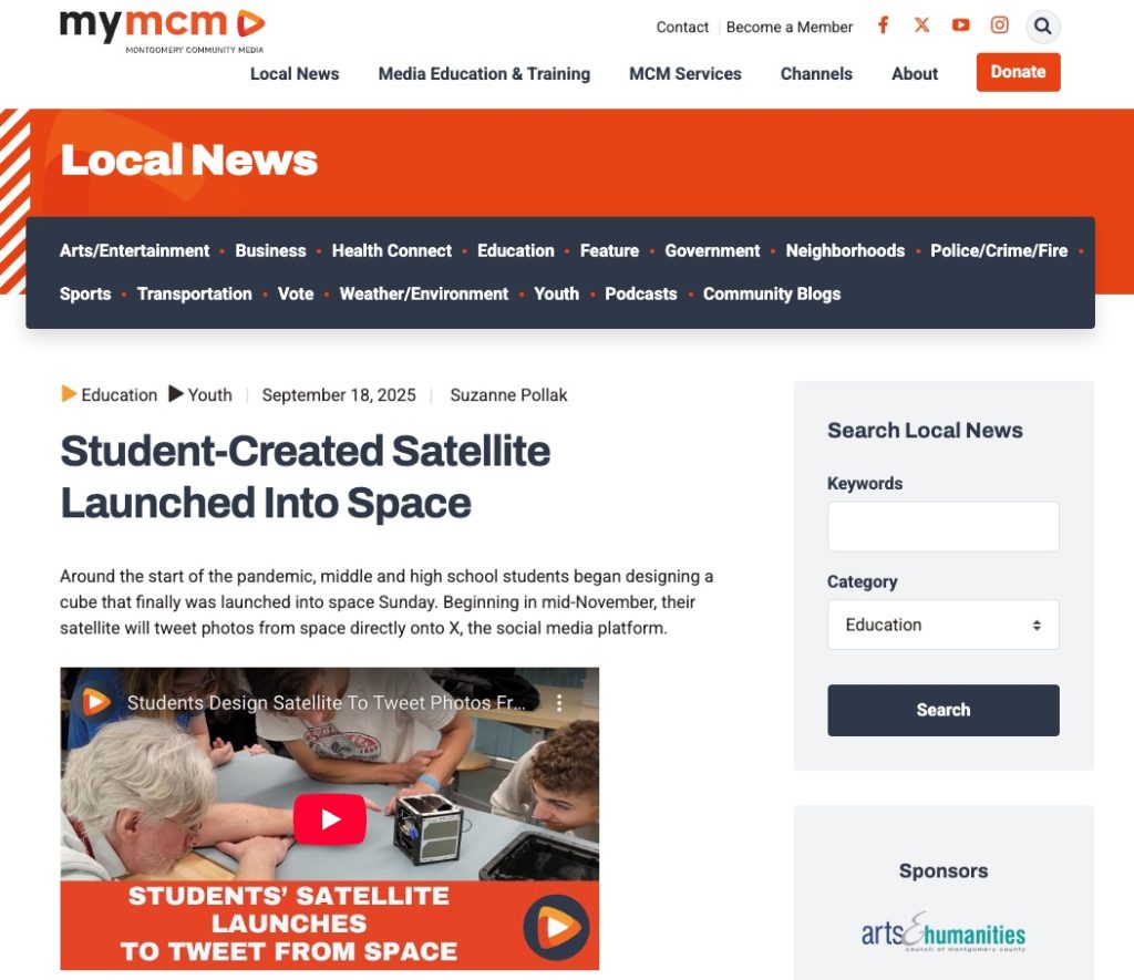 Student-Created Satellite Launched Into Space featured on Montgomery County Media